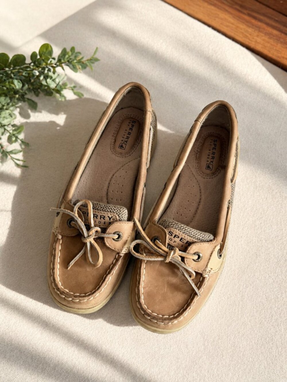 Sperry Top-Sider Boat Shoes Tan Beige Mesh Leather Slip On Loafers Women’s 6.5w - Picture 6 of 8